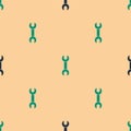 Green and black Wrench spanner icon isolated seamless pattern on beige background. Vector Illustration Royalty Free Stock Photo