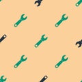Green and black Wrench spanner icon isolated seamless pattern on beige background. Vector Illustration Royalty Free Stock Photo