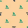 Green and black Yacht sailboat or sailing ship icon isolated seamless pattern on beige background. Sail boat marine