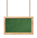 Green blackboard with bright wooden frame hanging on ropes isolated on white background Royalty Free Stock Photo