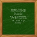 Green blackboard greeting card welcome back to school with woode Royalty Free Stock Photo