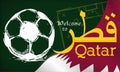 Green Blackboard with Soccer Ball Drawing and Qatar Flag, Vector Illustration