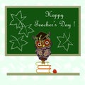 Green blackboard with white lettering Happy Teachers Day, cartoons cute owl, red apple, books Royalty Free Stock Photo