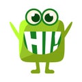 Green Blob Saying Hi, Cute Emoji Character With Word In The Mouth Instead Of Teeth, Emoticon Message