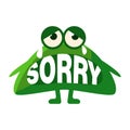 Green Blob Saying Sorry, Cute Emoji Character With Word In The Mouth Instead Of Teeth, Emoticon Message