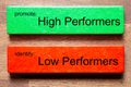 Green block with text: promote: High Performers.red block with text: identify: Low Perfomers.The background is a dark wooden table