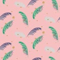 Green blue banana palm leaves pink seamless vector pattern.