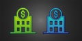 Green and blue Bank building icon isolated on black background. Vector