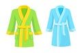 Green and blue bathrobe mockup. Soft comfortable cotton bathrobe for spa and bathroom. Personal hygiene items cartoon vector