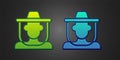 Green and blue Beekeeper with protect hat icon isolated on black background. Special protective uniform. Vector