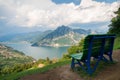 Green and blue big Bench and Iseo lake Royalty Free Stock Photo