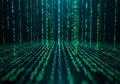 Green and blue binary code streams (0s and 1s) cascade vertically, creating a digital rain effect Royalty Free Stock Photo