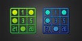 Green and blue Bingo card with lucky numbers icon isolated on black background. Vector