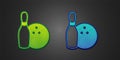 Green and blue Bowling pin and ball icon isolated on black background. Sport equipment. Vector Royalty Free Stock Photo