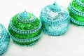 Green and blue Christmas balls in snow, christmas background Royalty Free Stock Photo