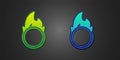Green and blue Circus fire hoop icon isolated on black background. Ring of fire flame. Round fiery frame. Vector Royalty Free Stock Photo