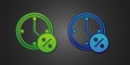 Green and blue Clock and percent discount icon isolated on black background. Vector