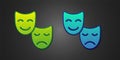 Green and blue Comedy and tragedy theatrical masks icon isolated on black background. Vector Royalty Free Stock Photo