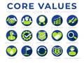 Green Blue Company Core Values Round Web Icon Set. Integrity, Leadership, Quality and Development, Creativity, Accountability,