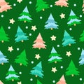Green, blue, coral spruces and stars on a dark green background. Seamless pattern for backgrounds, packaging, textiles.