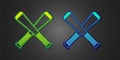 Green and blue Crossed baseball bat icon isolated on black background. Vector