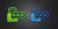 Green and blue Cyber security icon isolated on black background. Closed padlock on digital circuit board. Safety concept Royalty Free Stock Photo