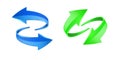 Green and blue 3D glossy arrows are moving towards