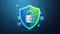 A green and blue digital shield with a silver padlock and various security on a dark blue background Royalty Free Stock Photo