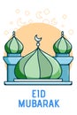 Green and blue dome mosque at Ramadan Mubarak cartoon illustration