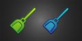 Green and blue Dustpan icon isolated on black background. Cleaning scoop services. Vector