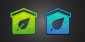 Green and blue Eco friendly house icon isolated on black background. Eco house with leaf. Vector Royalty Free Stock Photo