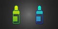 Green and blue Essential oil bottle icon isolated on black background. Organic aromatherapy essence. Skin care serum