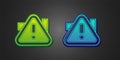 Green and blue Exclamation mark in triangle icon isolated on black background. Hazard warning sign, careful, attention Royalty Free Stock Photo