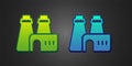 Green and blue Factory production icon isolated on black background. Industrial building. Vector