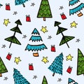 Green and blue fir trees on a blue background with gift box, stars. Christmas Seamless pattern of winter cartoon forest Royalty Free Stock Photo