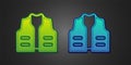 Green and blue Fishing jacket icon isolated on black background. Fishing vest. Vector Royalty Free Stock Photo