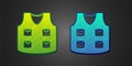 Green and blue Fishing jacket icon isolated on black background. Fishing vest. Vector Royalty Free Stock Photo