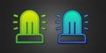 Green and blue Flasher siren icon isolated on black background. Emergency flashing siren. Vector