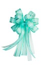 Green-blue and gold-trimmed ribbon bow isolated