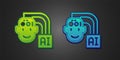 Green and blue Humanoid robot icon isolated on black background. Artificial intelligence, machine learning, cloud Royalty Free Stock Photo