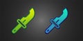 Green and blue Hunter knife icon isolated on black background. Army knife. Vector