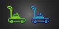 Green and blue Lawn mower icon isolated on black background. Lawn mower cutting grass. Vector Royalty Free Stock Photo