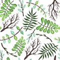 Green and Blue Leaves and Trees Branches Seamless Pattern, Vector Illustration Royalty Free Stock Photo