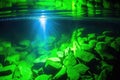 green and blue led lights illuminating under surface of water in pond