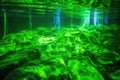 green and blue led lights illuminating under surface of water in pond