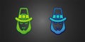 Green and blue Leprechaun icon isolated on black background. Happy Saint Patricks day. National Irish holiday. Vector