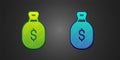 Green and blue Money bag icon isolated on black background. Dollar or USD symbol. Cash Banking currency sign. Vector Royalty Free Stock Photo