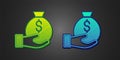 Green and blue Money bag icon isolated on black background. Dollar or USD symbol. Cash Banking currency sign. Vector Royalty Free Stock Photo