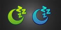 Green and blue Moon and stars icon isolated on black background. Cloudy night sign. Sleep dreams symbol. Full moon Royalty Free Stock Photo