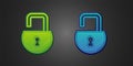 Green and blue Open padlock icon isolated on black background. Opened lock sign. Cyber security concept. Digital data Royalty Free Stock Photo